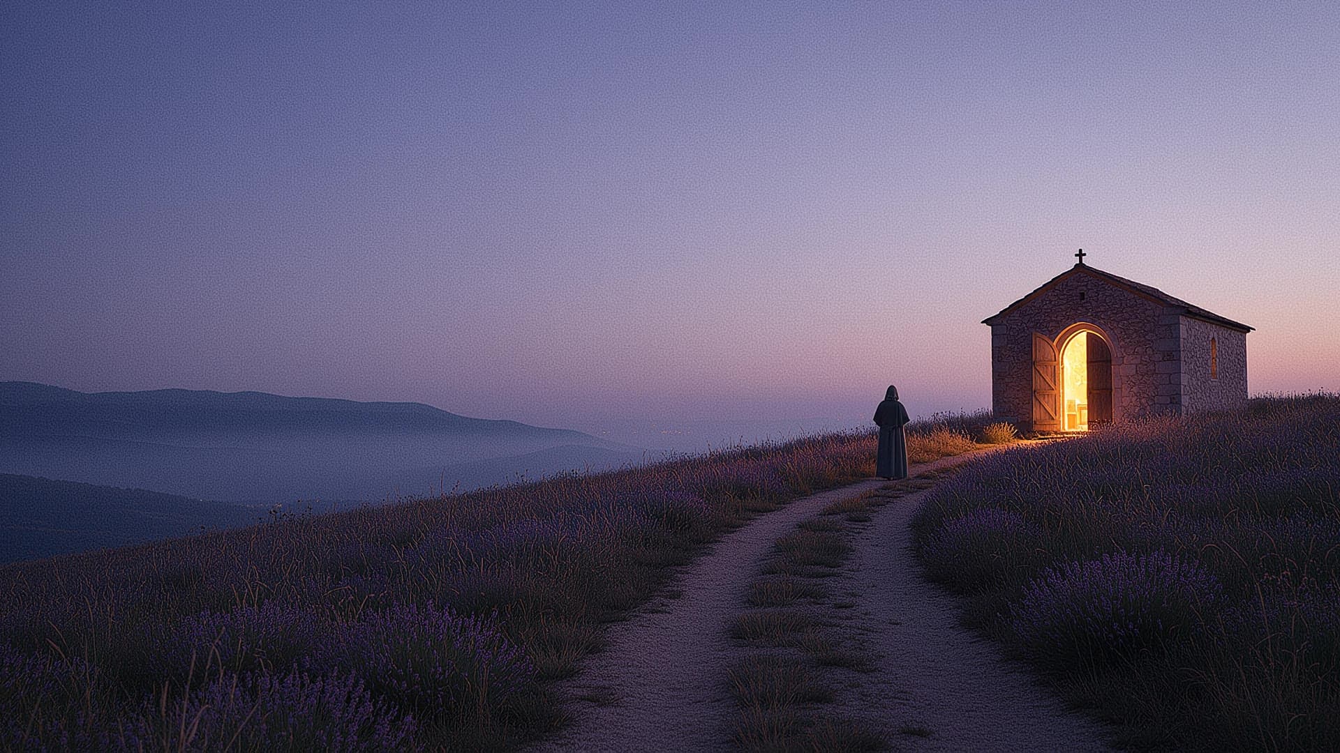 Un peregrino con capa en un sendero entre lavanda al anochecer, camino de una pequeña capilla de piedra cuya puerta abierta brilla con la luz de las velas.