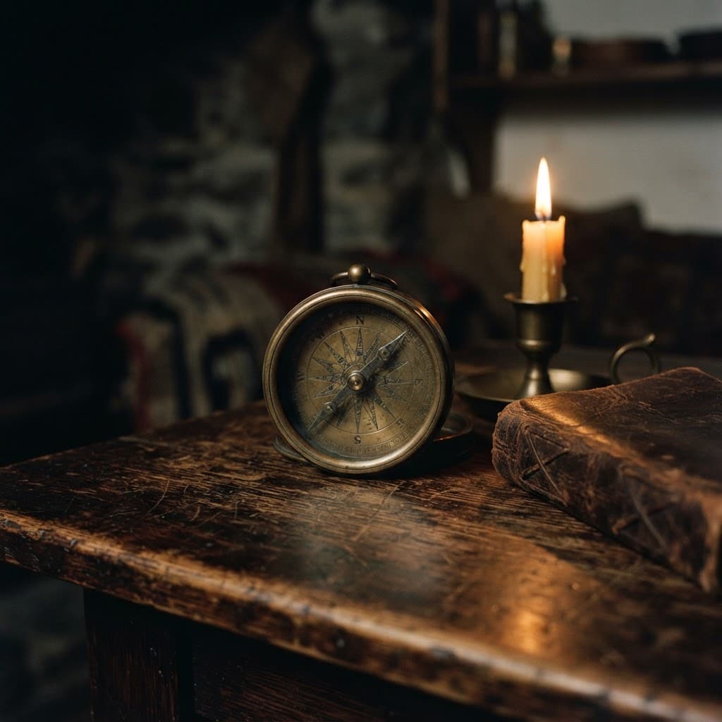 An antique brass compass beside a lit candle — a quiet companion for the way back.